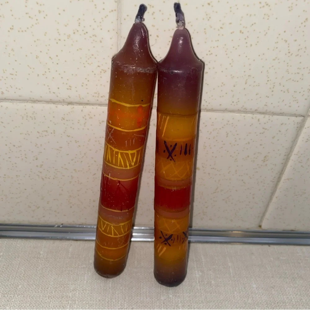 Vintage‎ Boho Painted Candles Tapered Multi Colored Set Of 2 Never Used Unlit